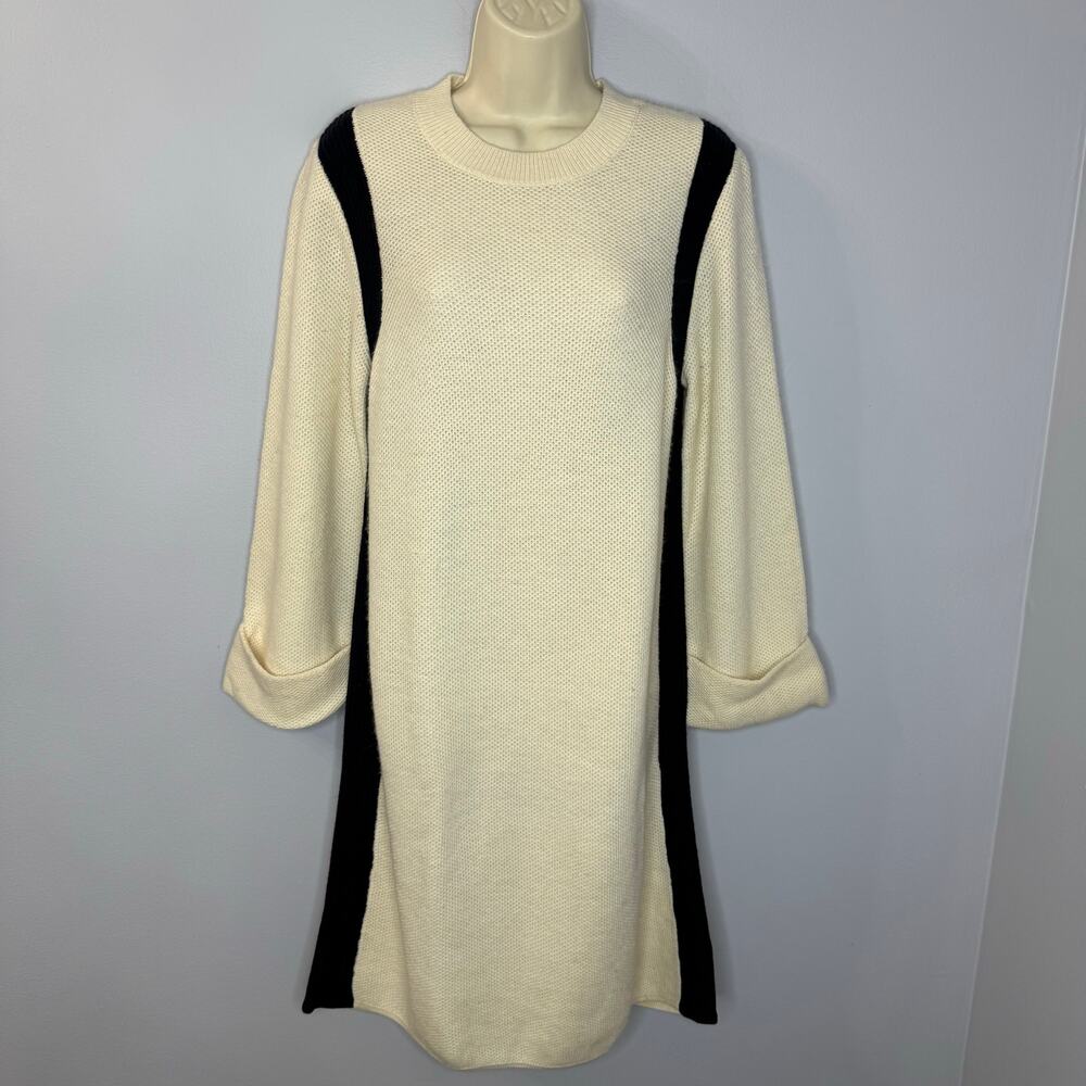 Club Monaco Wool Blend Knit Cream Black Block Shift Sweater Midi Dress Sz M